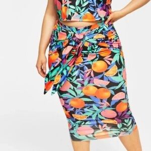 Nina Parker Tie Front Skirt 2X Black/Orange & Grapefruit Multi Color - NWT